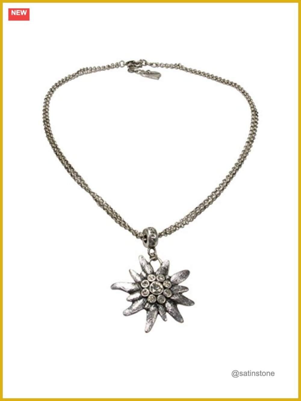 Bavarian Edelweiss Pendant Necklace Traditional Dirndl Jewelry Rhinestone